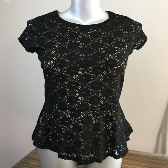 [Jessica] Black Lace Overlay Peplum Blouse | LP / 16P | Good - Picture 1 of 11